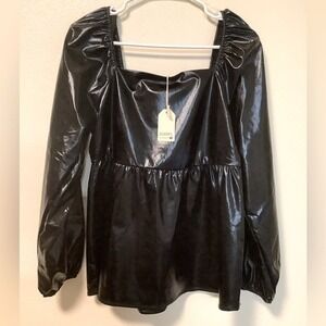 JODIFL Black Faux Leather Square Neck Smocked Peplum‎ Top Long Sleeve L